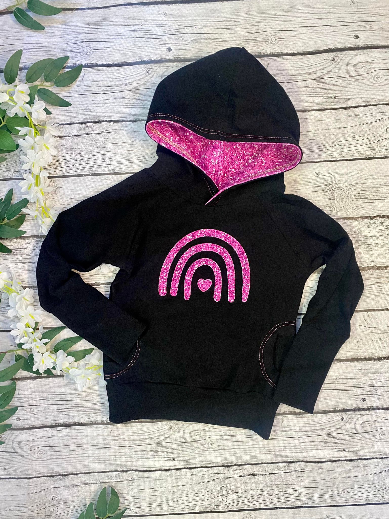 Black Raglan Hoodie with Hot Pink Rainbow Glitter Applique