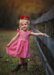 Red Gingham Bow Back Dress with Flutter Sleeve