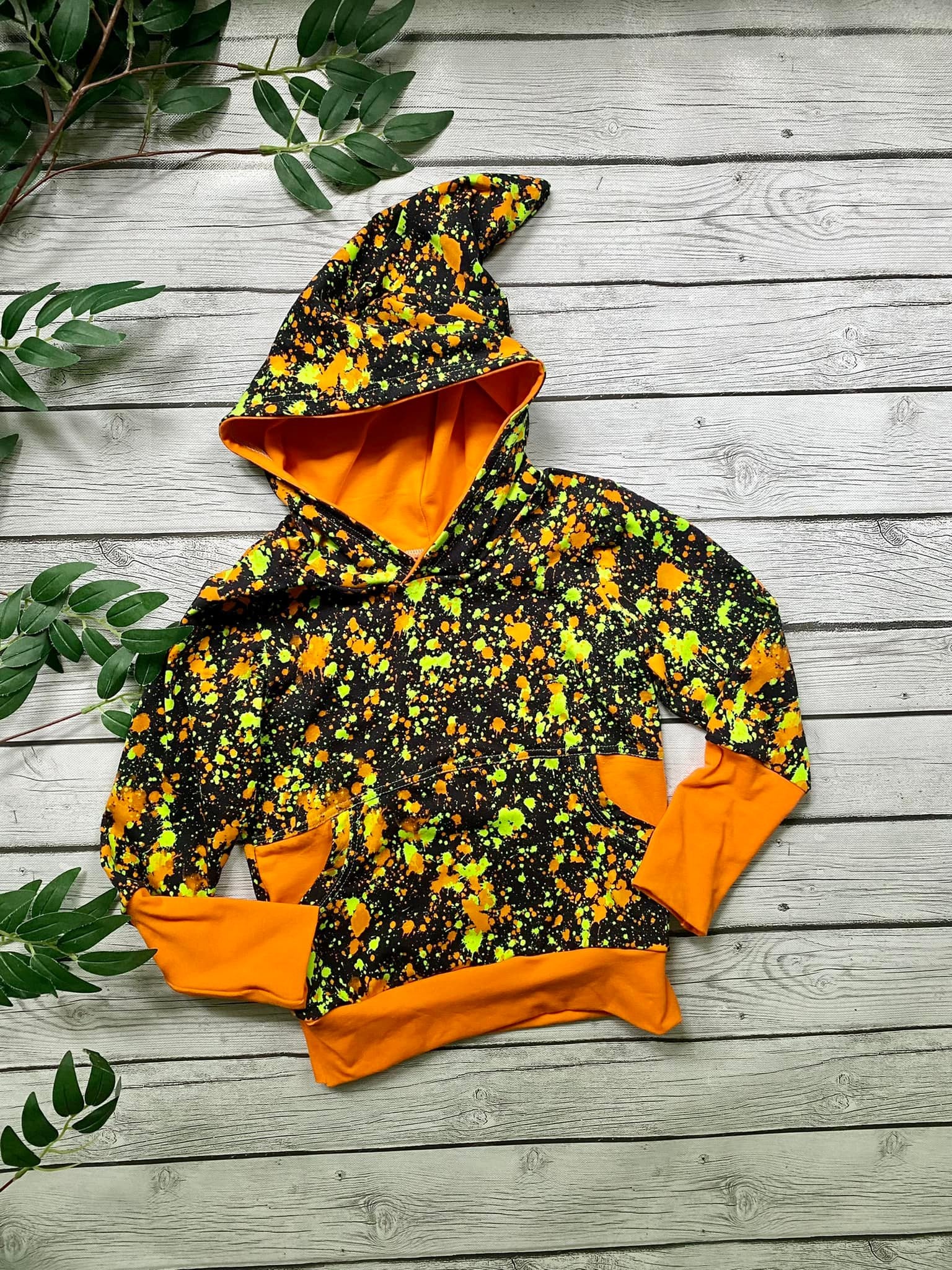 Neon Paint Splatter Colorblock Hoodie With Pixie Hood