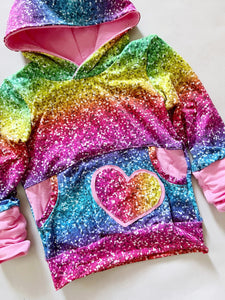 Rainbow Glitter Applique Colorblock Hoodie