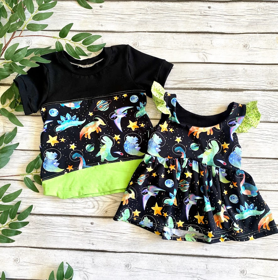 Space Dino Gathered Skirt Flutter Sleeve Peplum