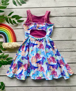 Rainbow Dinosaur Open Back Summer Twirl Grow With Me Dress