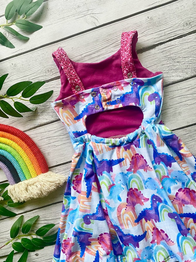 Rainbow Dinosaur Open Back Summer Twirl Grow With Me Dress