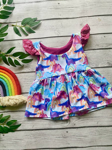 Pink Glitter Rainbow Dino Flutter Sleeve Grow With Me Peplum Set