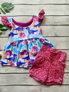 Pink Glitter Rainbow Dino Flutter Sleeve Grow With Me Peplum Set